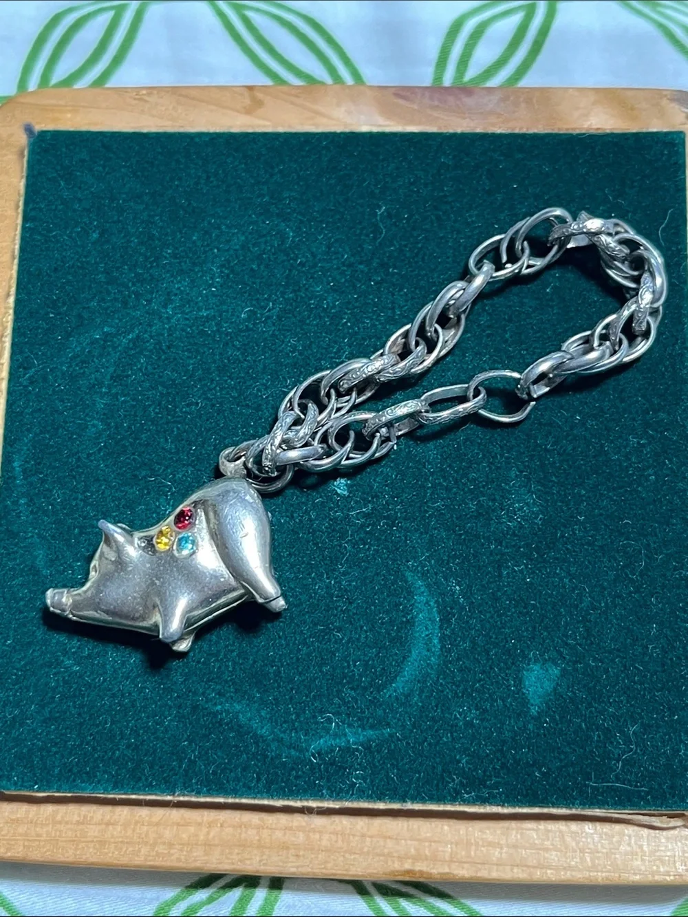 Silver Pig Charm Bracelet with Colorful Accent Stones VINTAGE